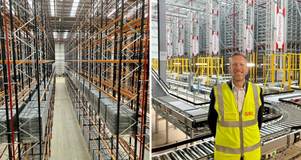 A man on the background of the production line in a warehouse