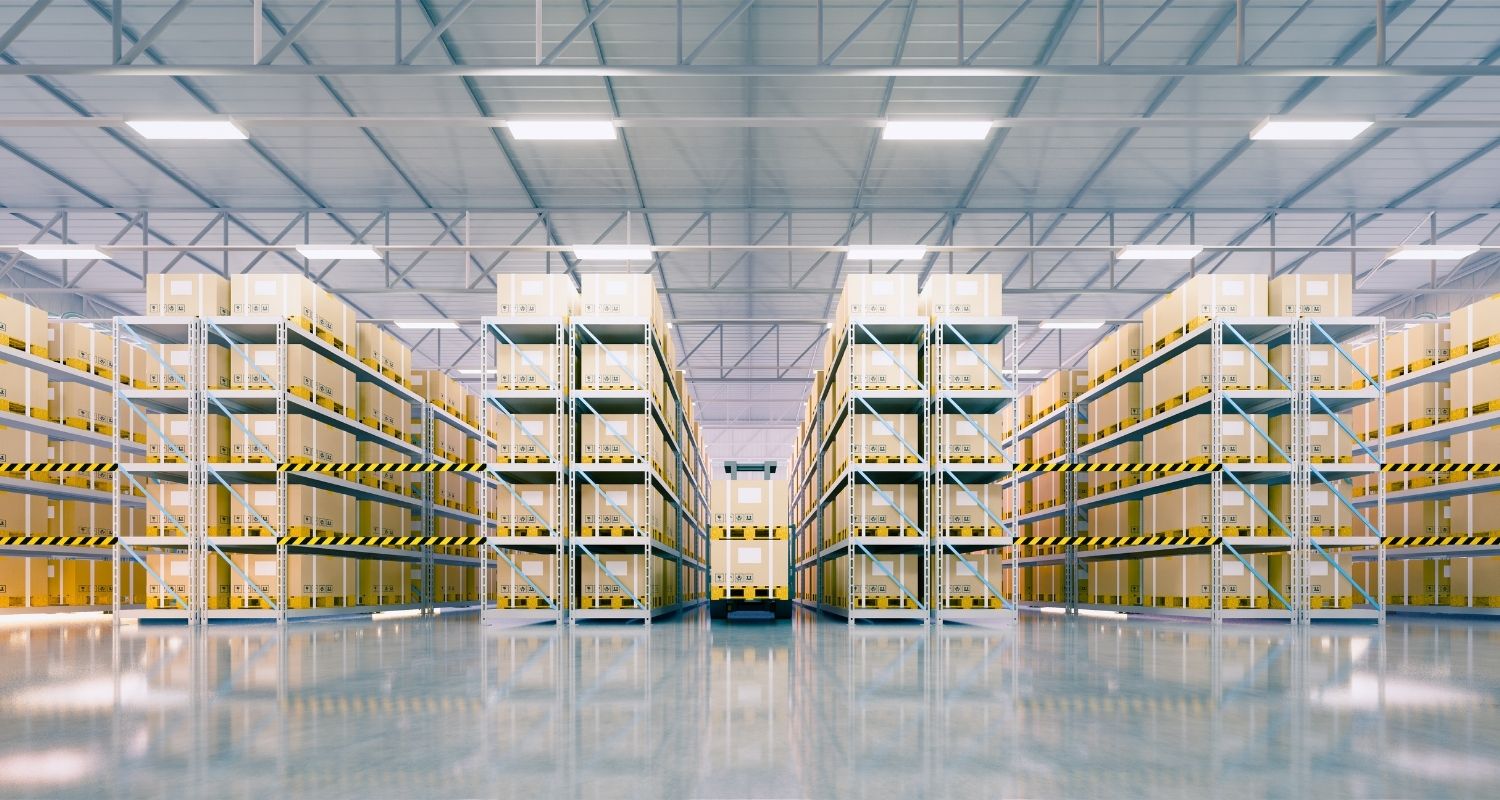 Boxes on shelves in a warehouse