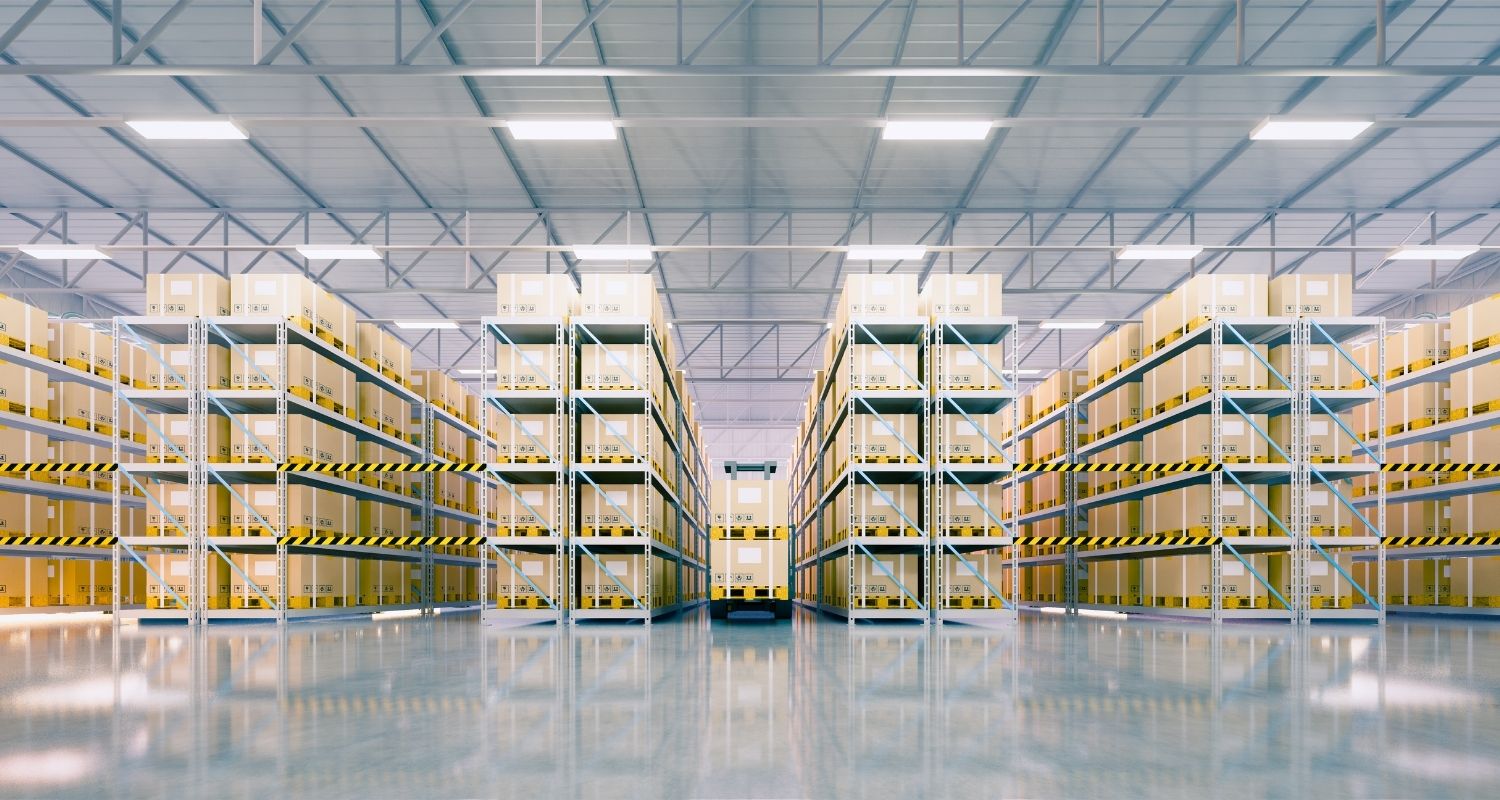 Boxes on shelves in a warehouse