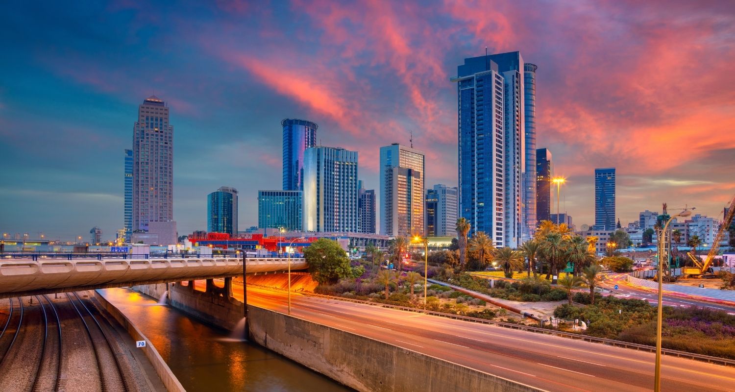 View of modern skyscrapers at sunset