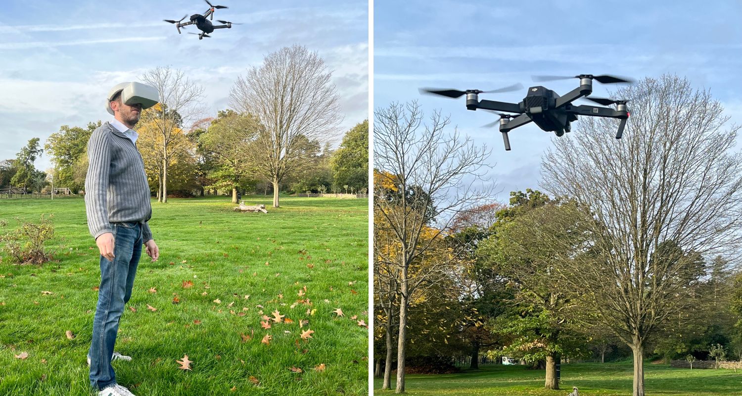 A man in viral glasses controlling a drone