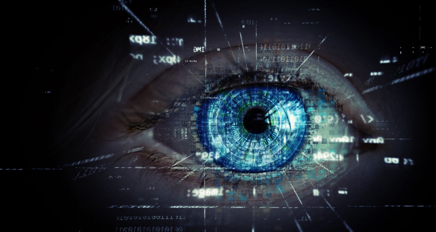 Slightly illuminated human eye, around numbers, and letters