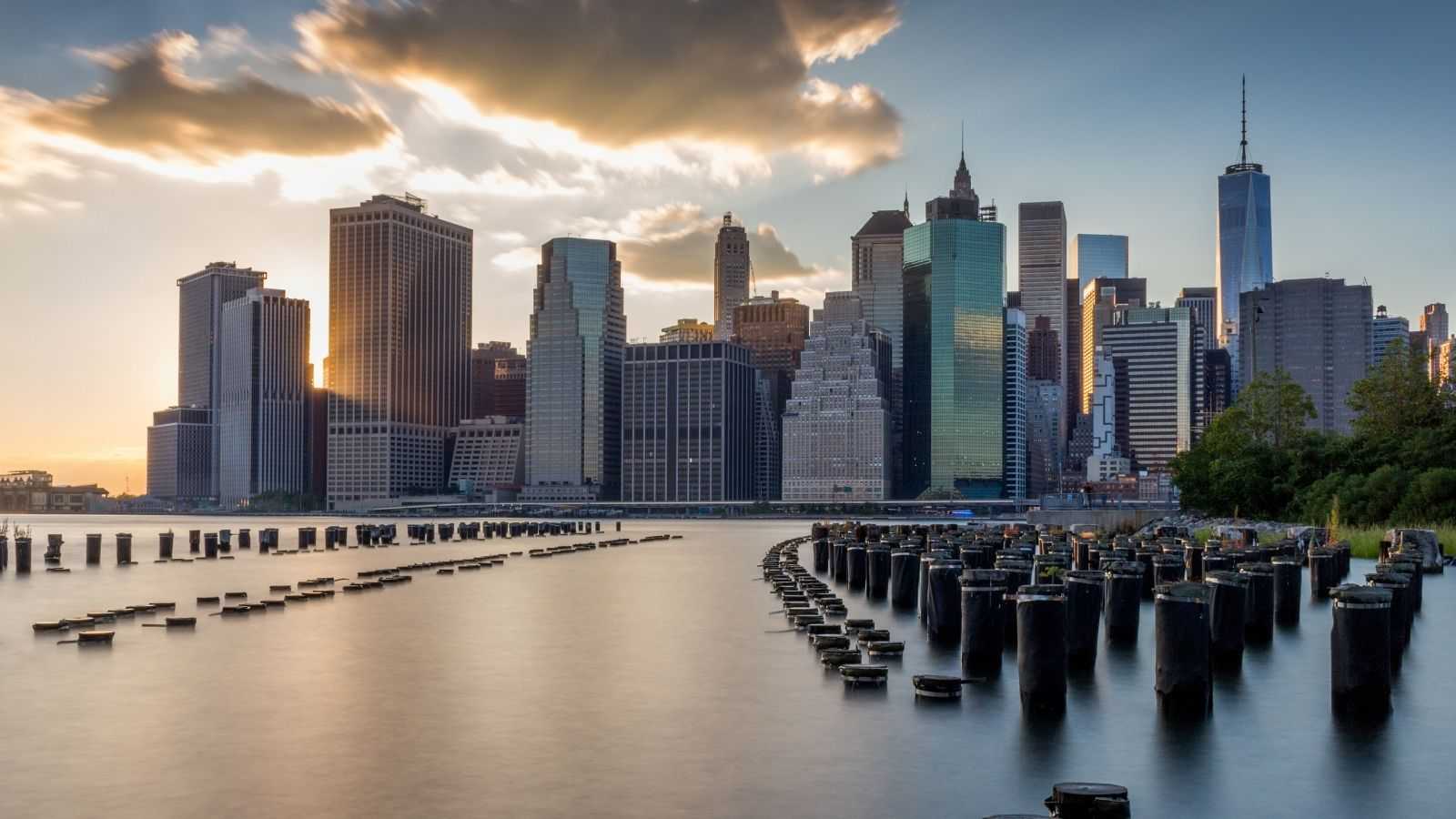 City with modern skyscrapers by the river