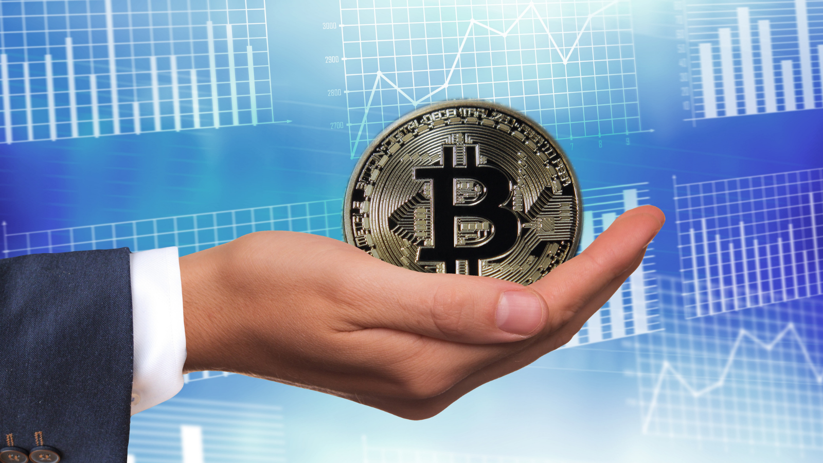 Image showing Graphs and Bitcoin Logo Symbol in Hand